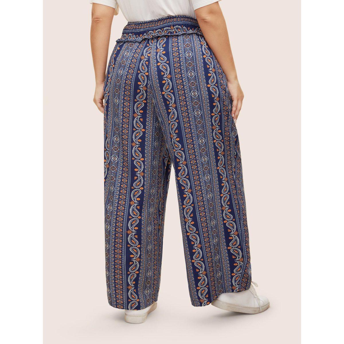 Plus Size Bandana Print Frill Trim Drawstring Pants Women Indigo Casual Wide Leg Mid Rise Everyday Pants BloomChic 14-16/1X Product Image