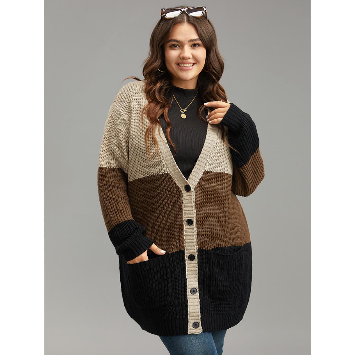 Plus Size Contrast Button Through Patched Pocket Cardigan Multicolor Women Casual Loose Long Sleeve Dailywear Cardigans BloomChic 30/6X Product Image