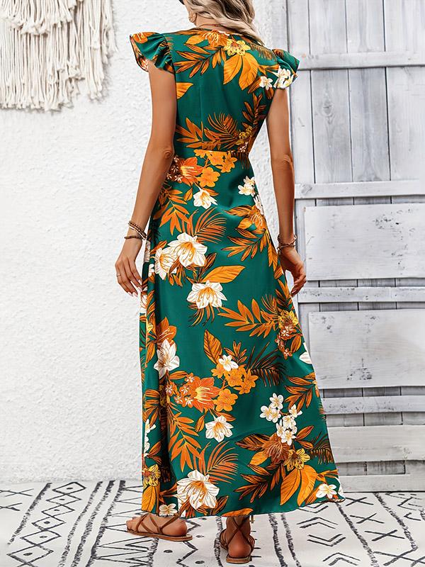 High-Low Loose Flower Print Split-Joint V-Neck Maxi Dresses Product Image