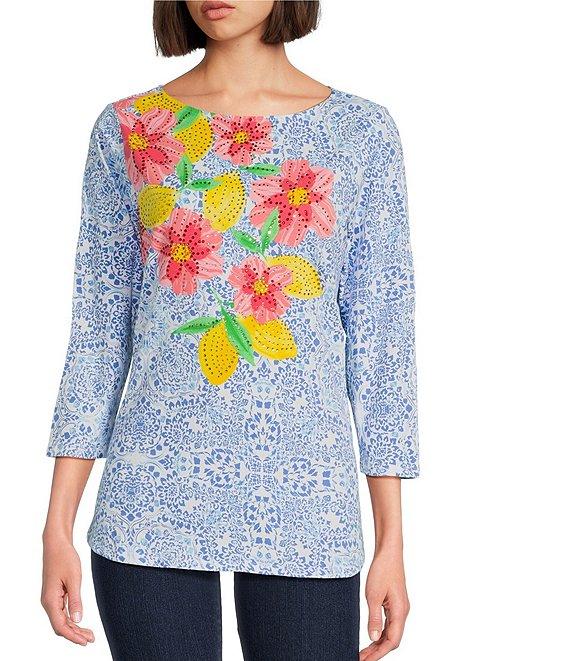 Ruby Rd. Embellished Floral Print Boat Neck 3/4 Sleeve Top Product Image