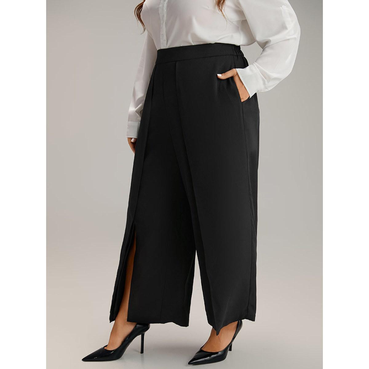 Plus Size Plain High Rise Split Hem Pants Women Black At the Office Straight Leg High Rise Office Pants BloomChic 30/6X Product Image