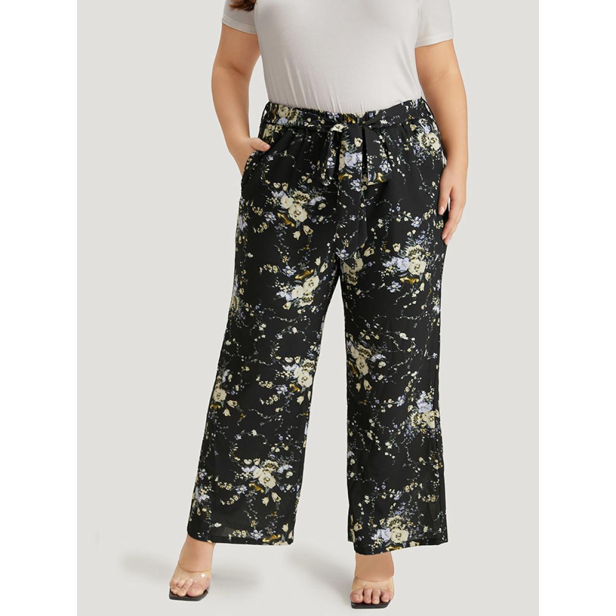 Plus Size Floral Print Pocket Belted Pants Women Multicolor Elegant High Rise Dailywear Pants BloomChic 10/M Product Image