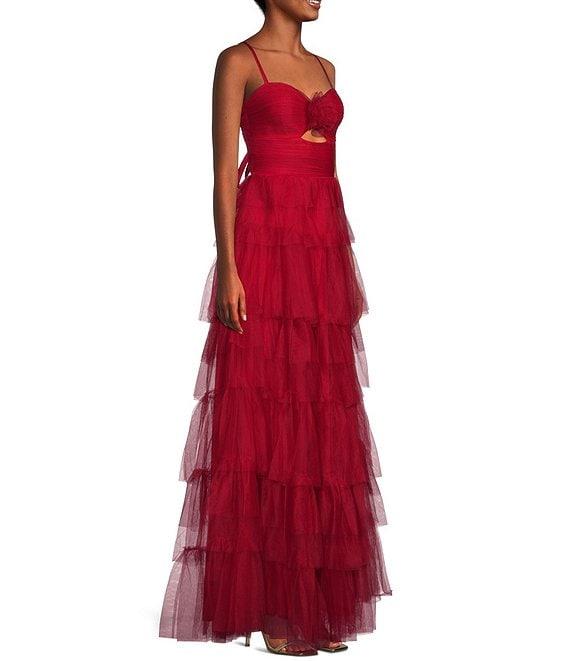 Blondie Nites Mesh 3D Ruffled Rose Sweetheart Neck Tie Back Dress Product Image