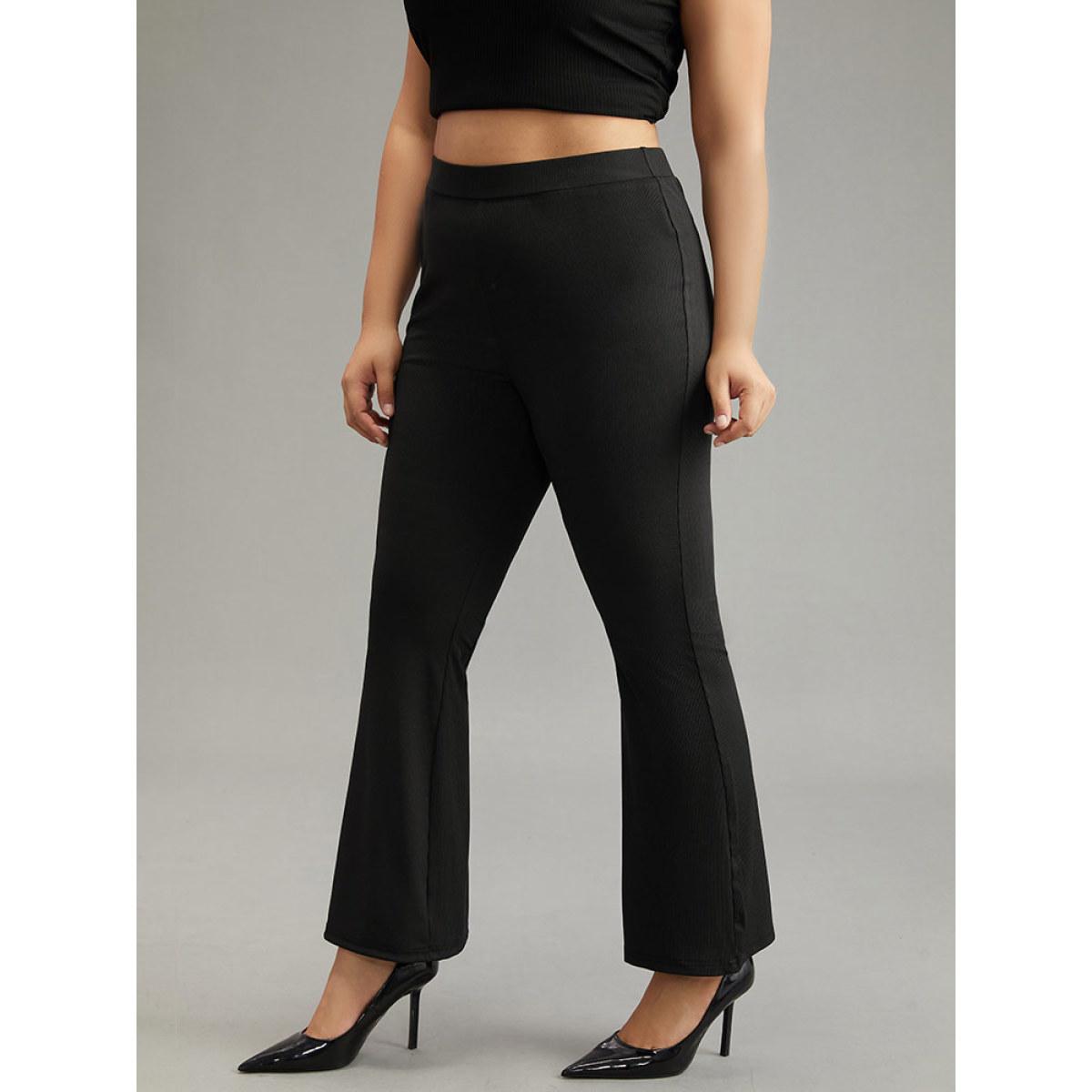 Plus Size Plain Rib Knit Flare Leg Legging Women Black Casual High stretch Flare Leg High Rise Dailywear Leggings BloomChic 26/4X Product Image