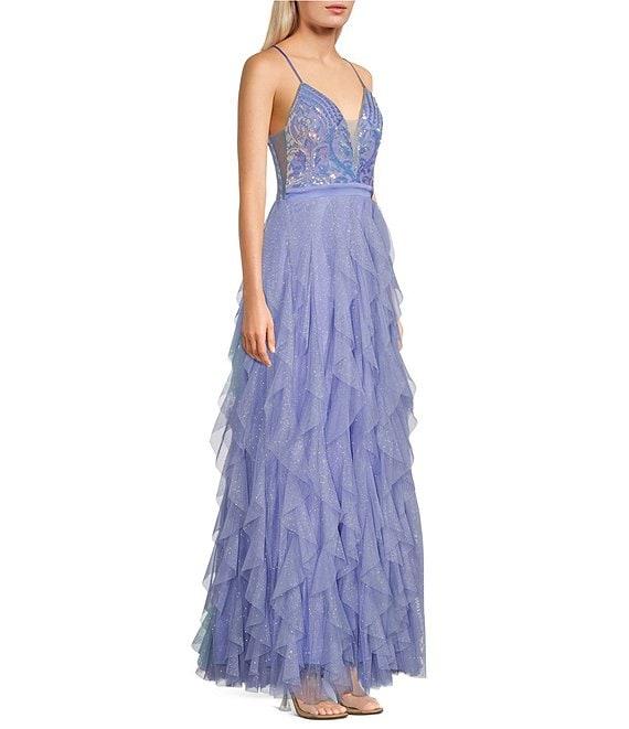 Pear Culture Glitter Sequin V-Neck Mesh Corkscrew Ball Gown Product Image