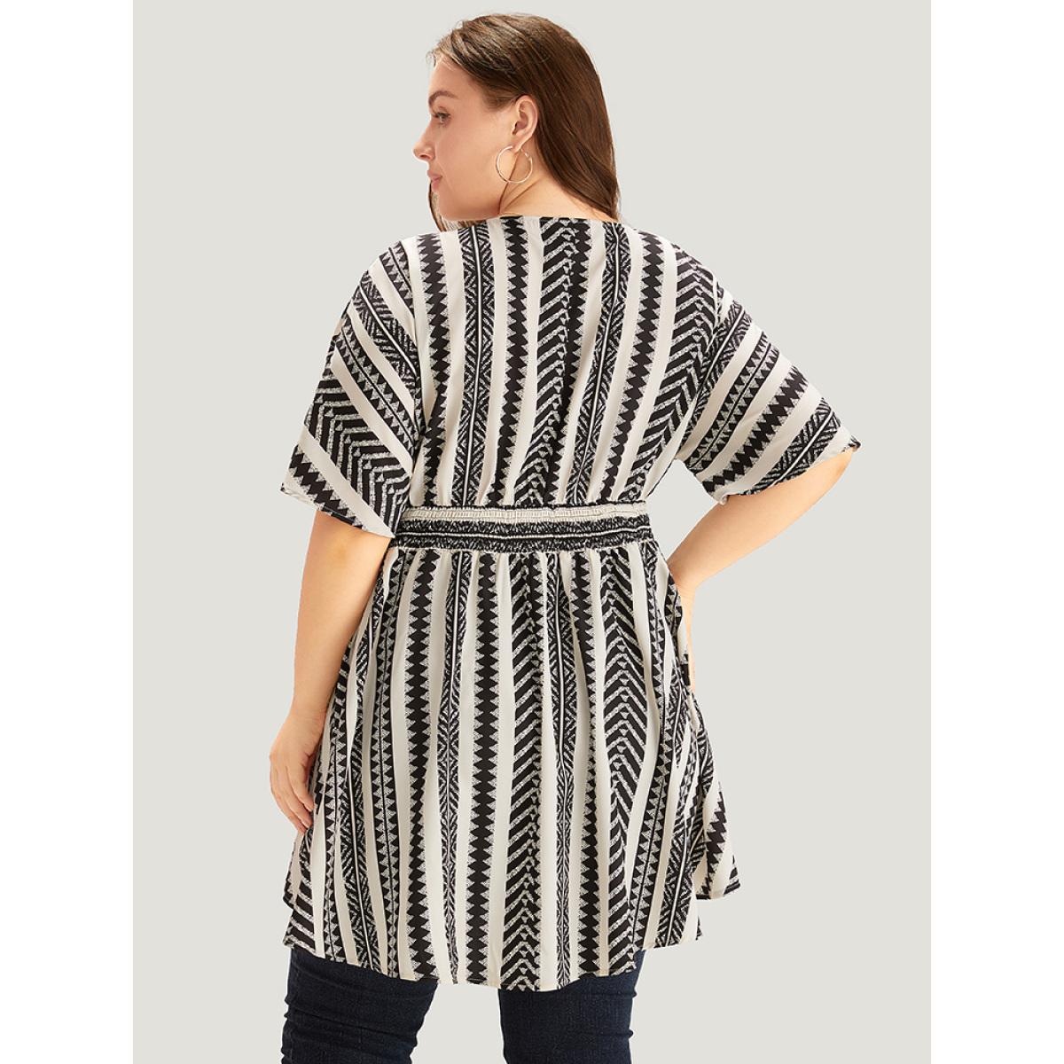 Plus Size White Bandana Print High Low Hem Patchwork Blouse Women Elegant Short sleeve Deep V-neck Vacation Blouses BloomChic 22-24/3X Product Image