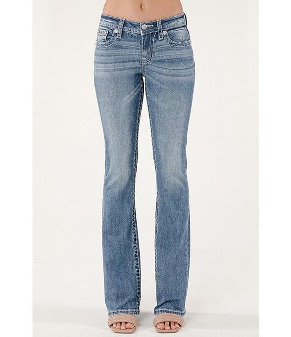Miss Me Mid Rise Embellished Wing Back Flap Pocket 34#double; Inseam Bootcut Jeans Product Image