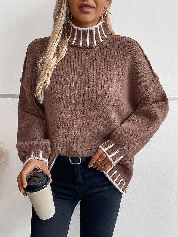 Long Sleeves Loose Contrast Color Split-Joint High Neck Pullovers Sweater Tops Product Image