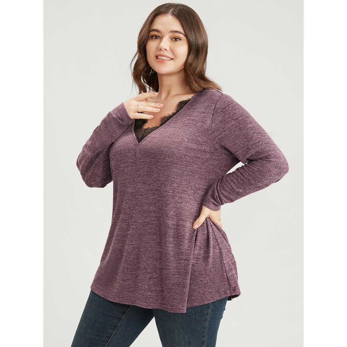 Plus Size Solid Lace Trim V Neck Long Tee Burgundy Women Elegant Lace Plain V-neck Dailywear T-shirts BloomChic 26/4X Product Image