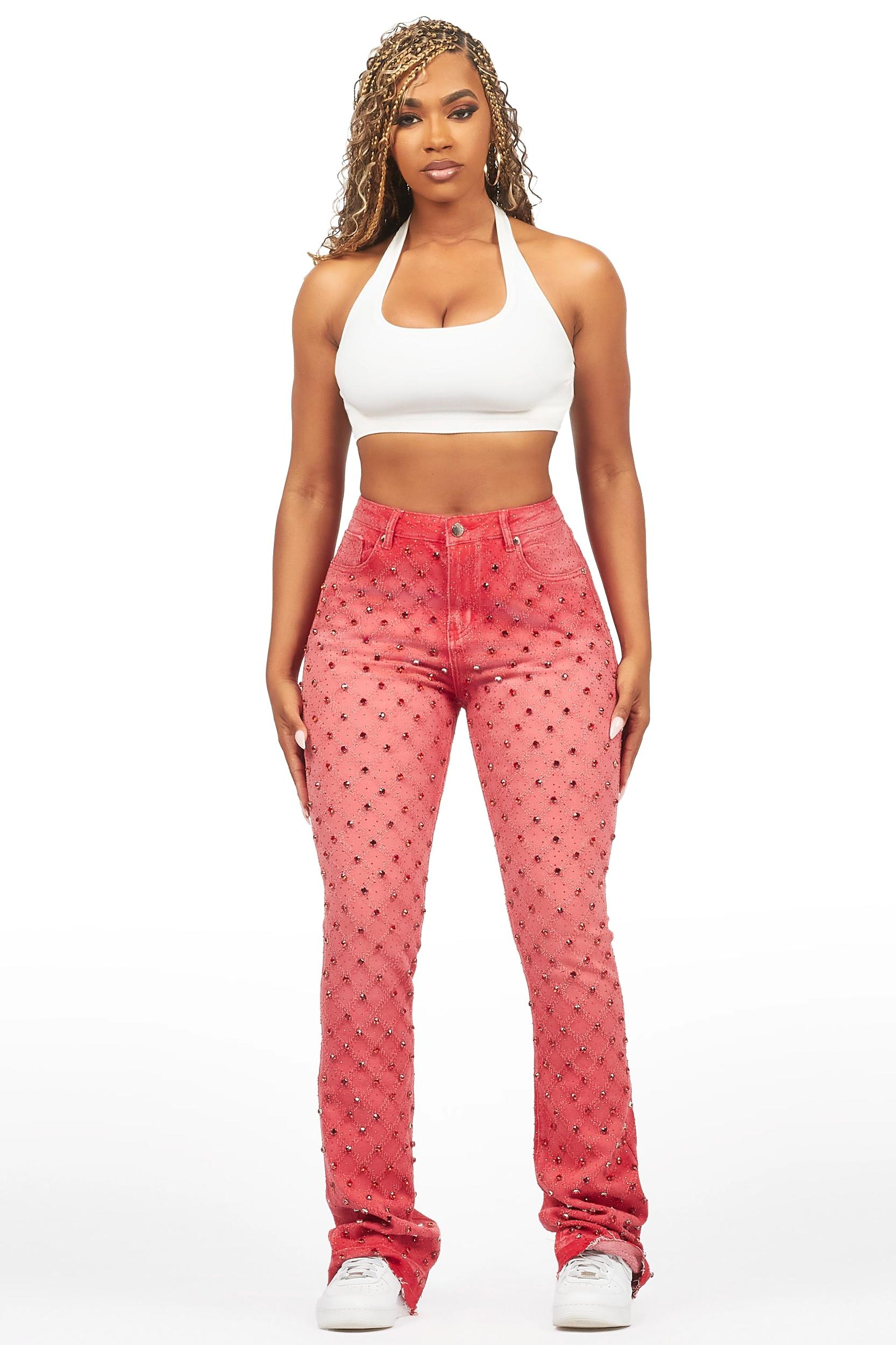 Sareka Red Rhinestone Stacked Flare Jean Female Product Image