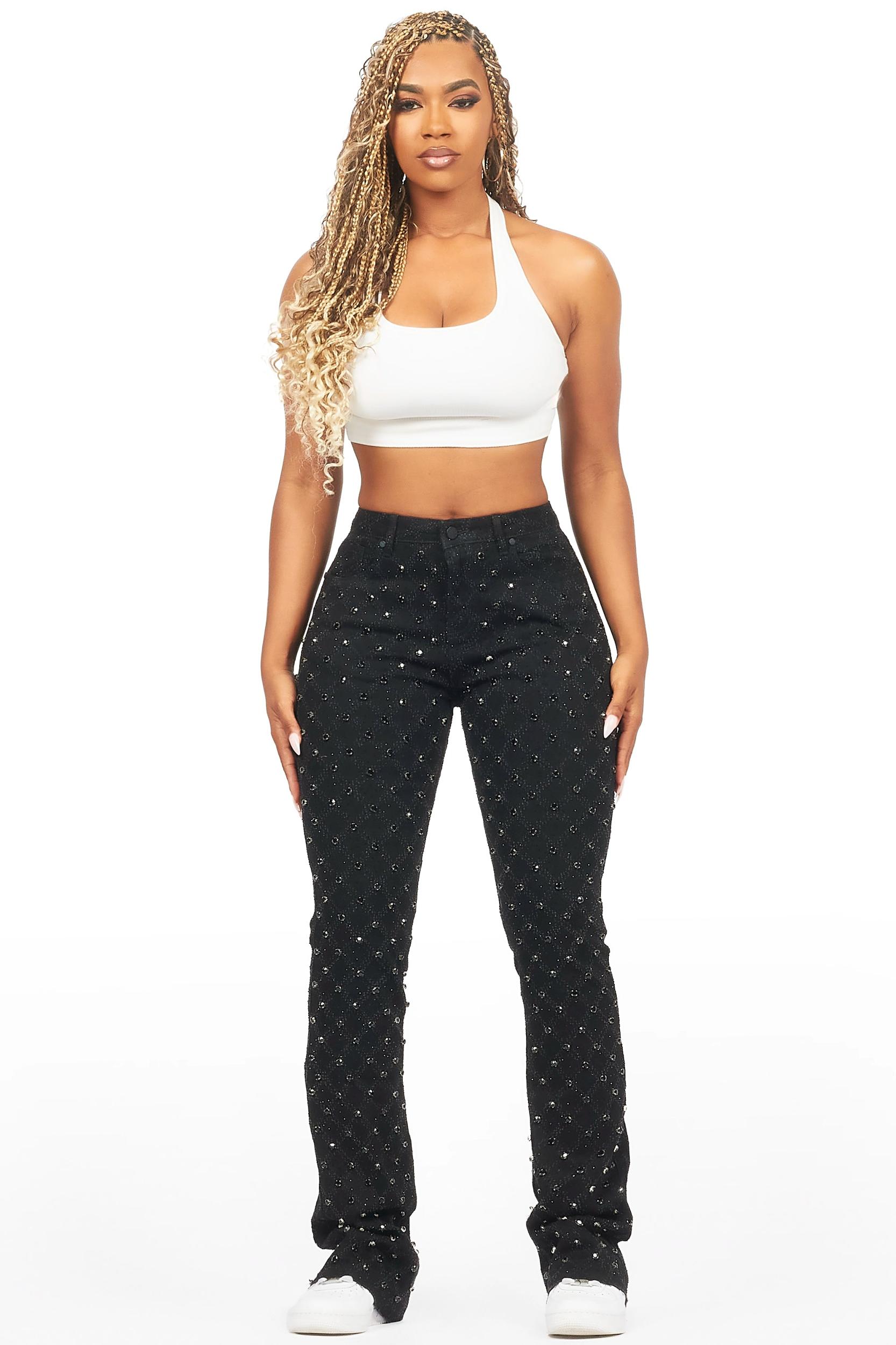 Sareka Black Rhinestone Stacked Flare Jean Female Product Image