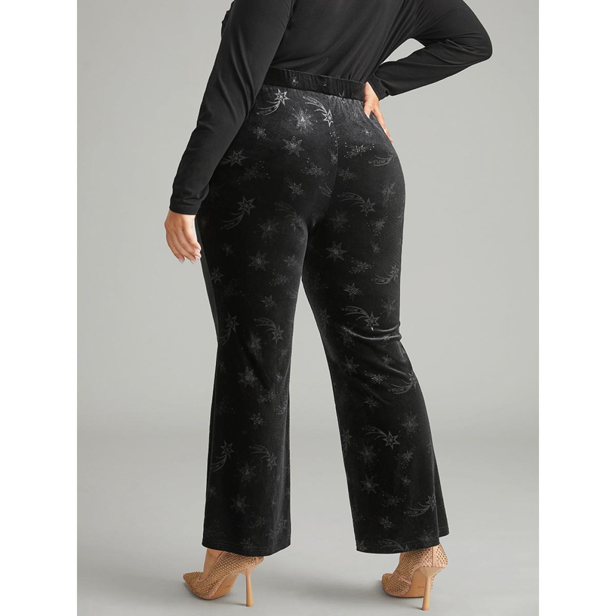 Plus Size Velvet Star Elastic Waist Pants Women Black Glamour Flare Leg High Rise Festival-Halloween Pants BloomChic 10/M Product Image
