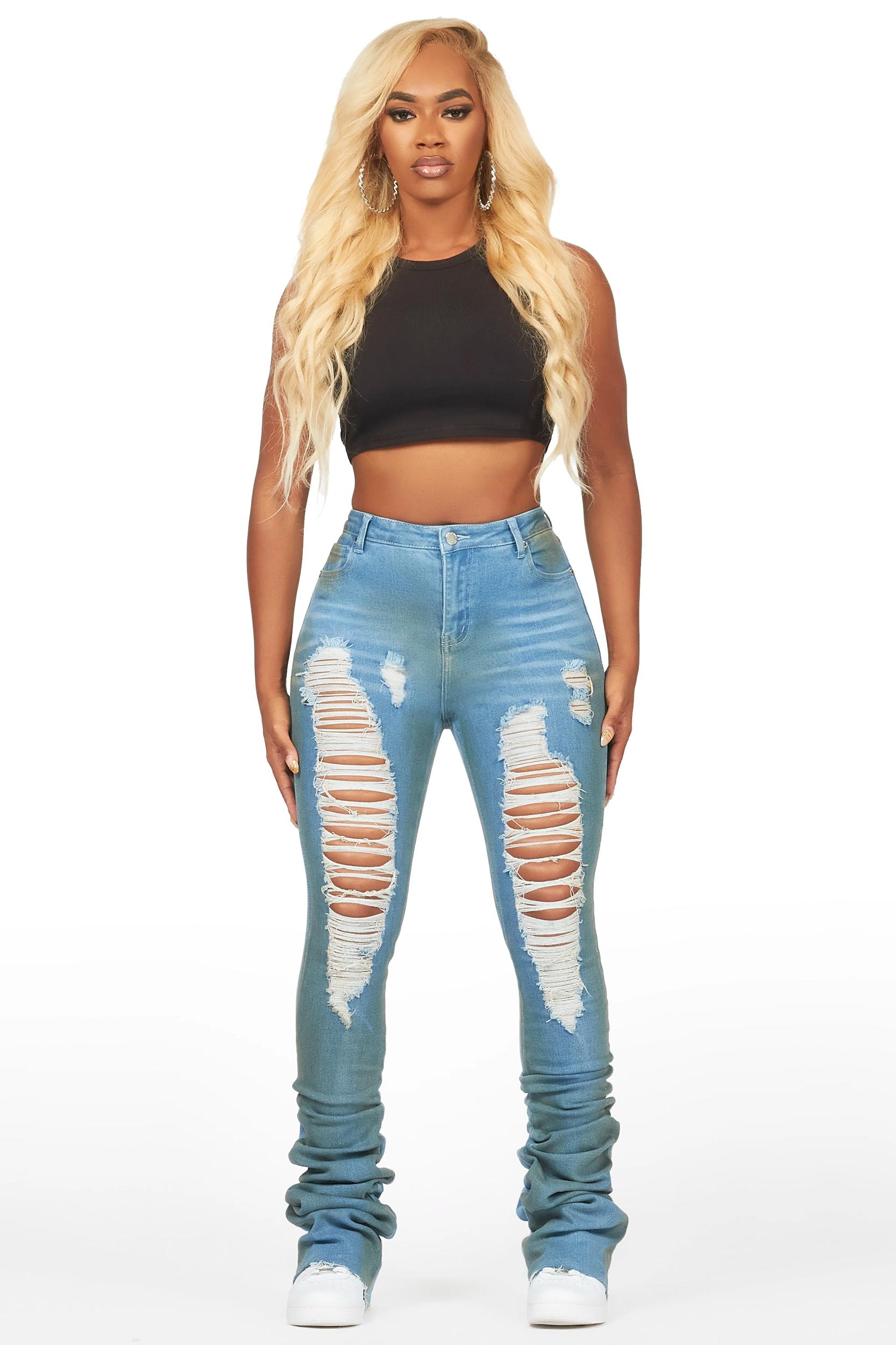 Yours Truly Dirty Blue Bleached Wash Distressed Super Stacked Jean Female Product Image