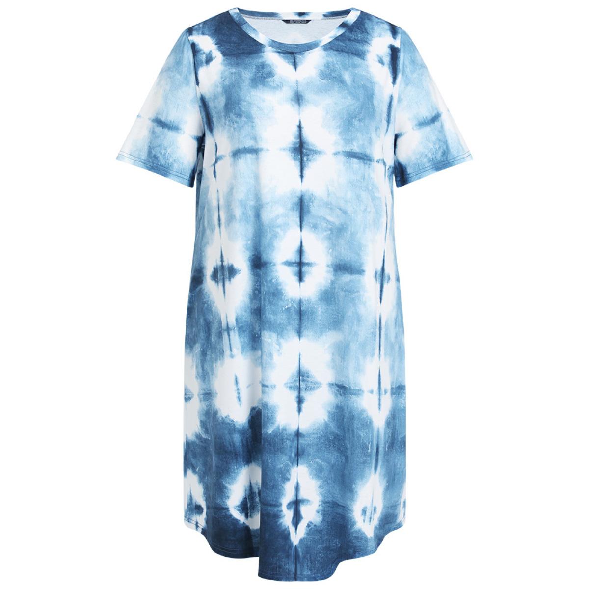 Plus Size Tie Dye Pocket Ruffle Hem Crew Neck Dress Blue Women Casual Printed Round Neck Short sleeve Curvy Midi Dress BloomChic 22-24/3X Product Image