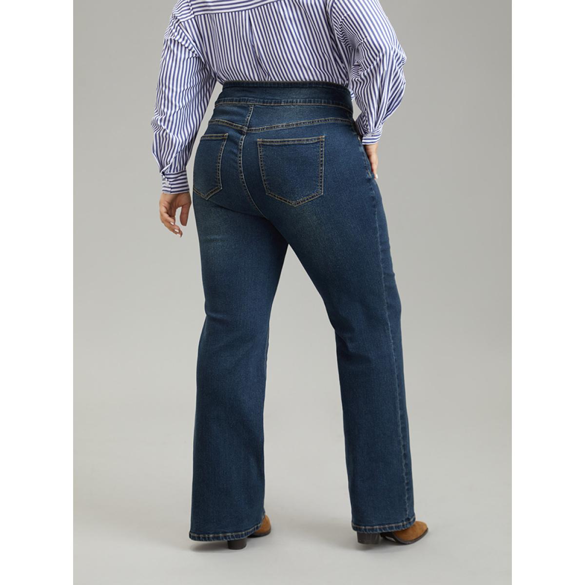 Plus Size Dark Wash Full Length Button Detail Jeans Women Indigo Casual Plain Plain High stretch Pocket Jeans BloomChic 24/3X Product Image