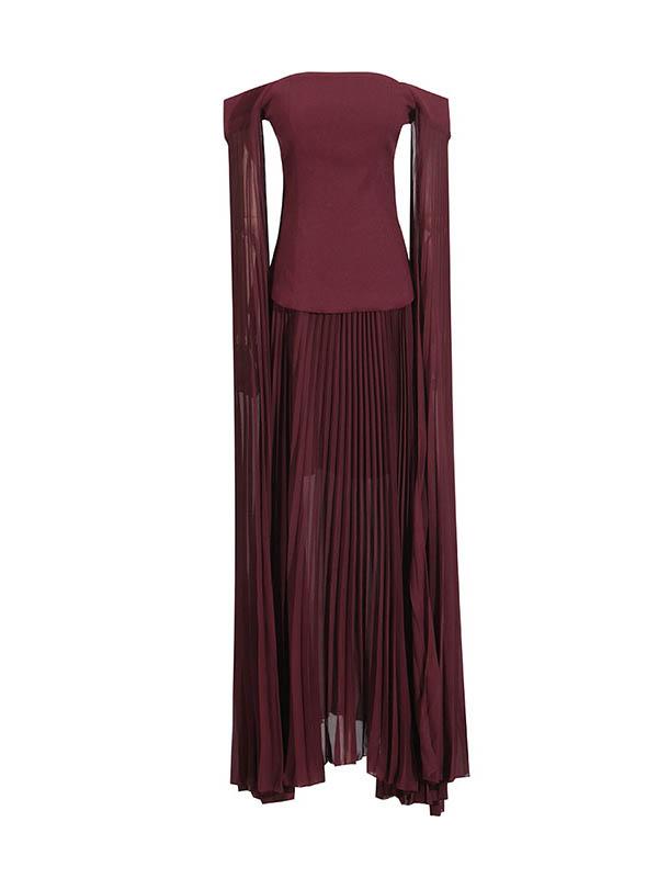 Flared Sleeves Solid Color Split-Joint Zipper Off-The-Shoulder Blouses&Shirts Tops + Pleated A-Line Skirts Bottom Two Pieces Set Product Image