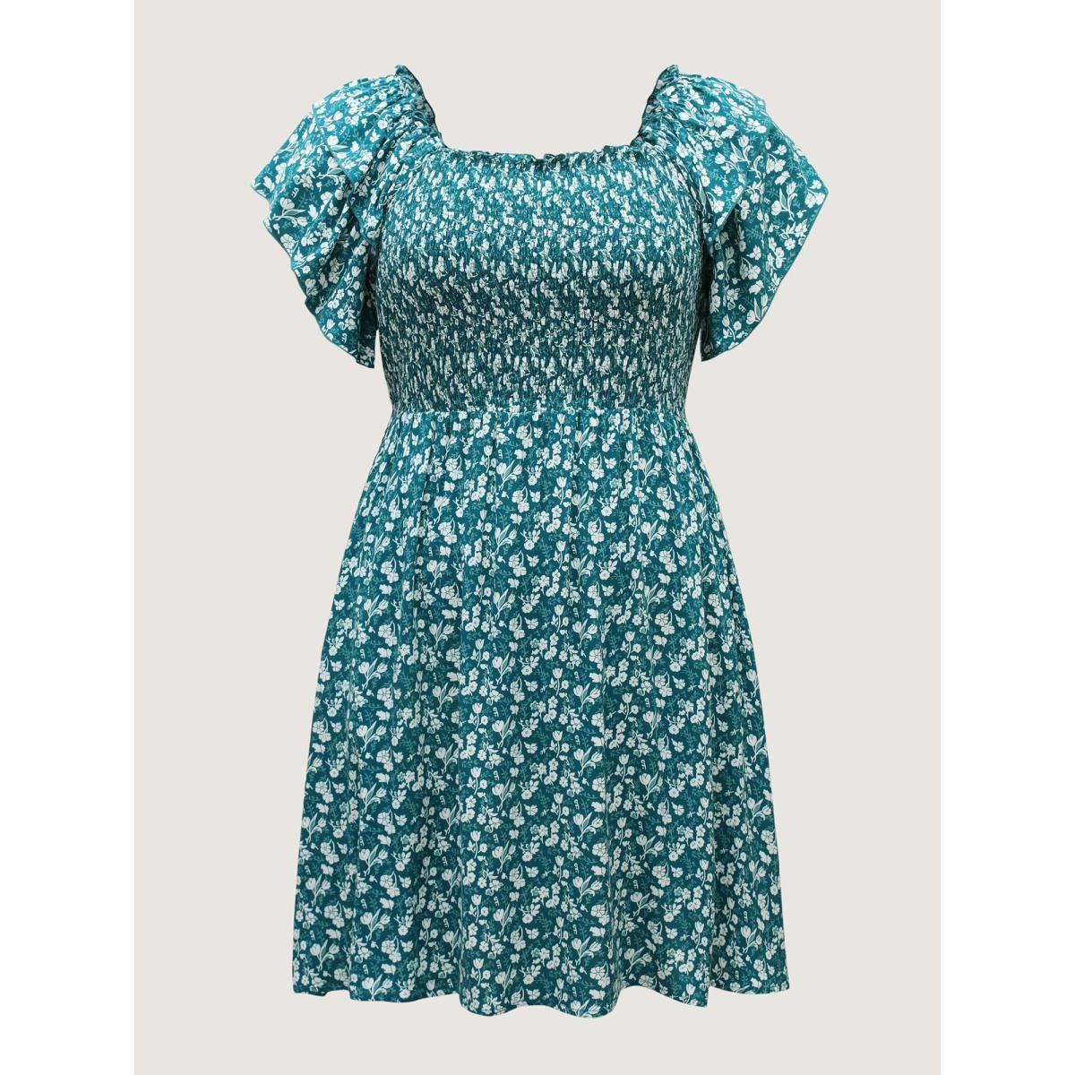 Plus Size Rayon Layered Sleeve Shirred Midi Dress Teal Women Square Neck Cap Sleeve Curvy BloomChic 22-24/3X Product Image