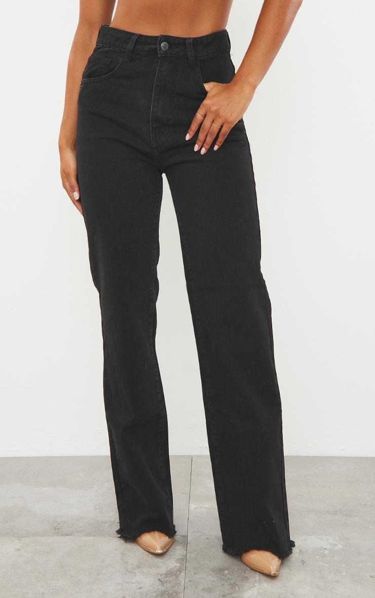 Washed Black Frayed Hem Wide Leg Jeans Product Image