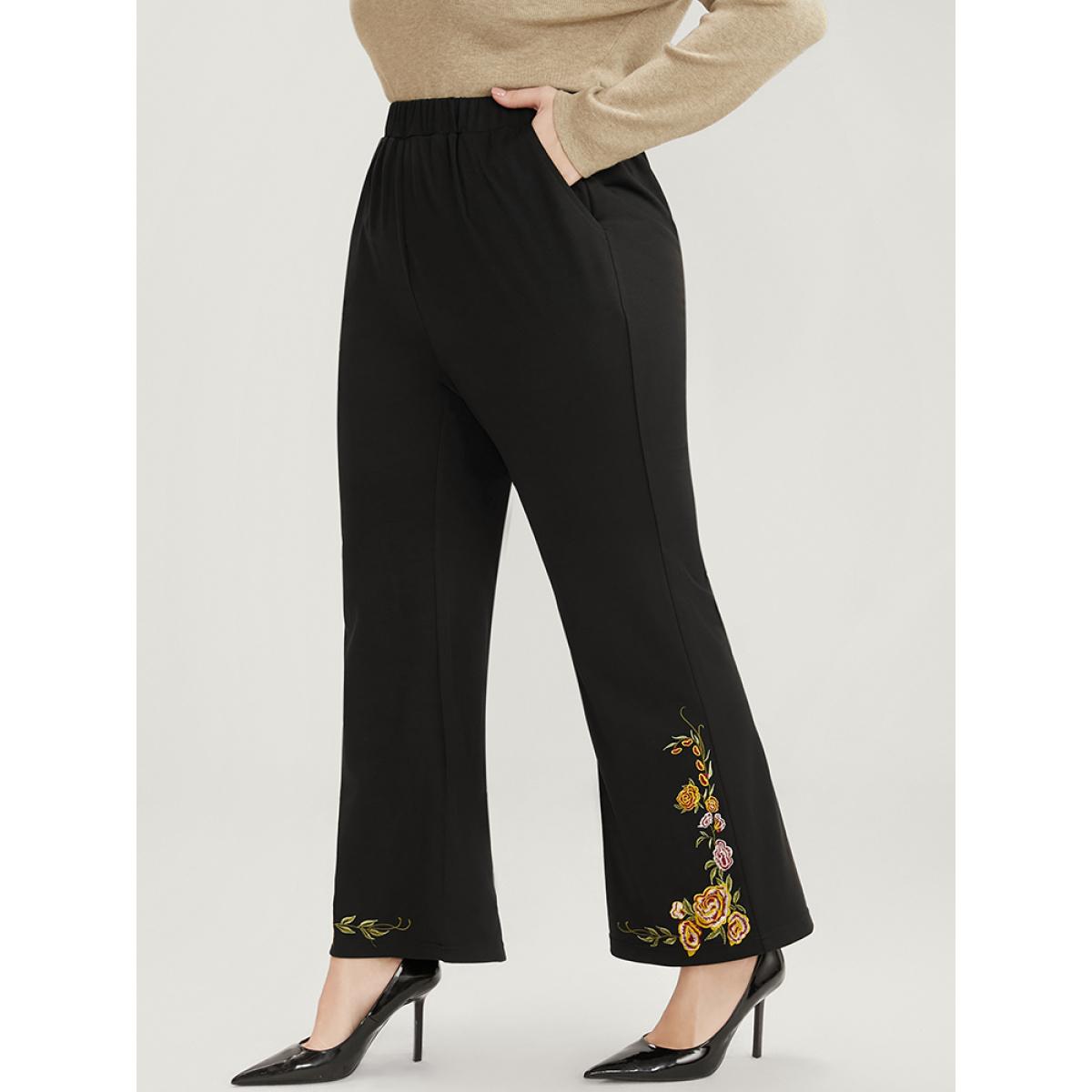 Plus Size Floral Embroidered Pocket Elastic Waist Bootcut Pants Women Black Elegant Bootcut Mid Rise Dailywear Pants BloomChic 22-24/3X Product Image