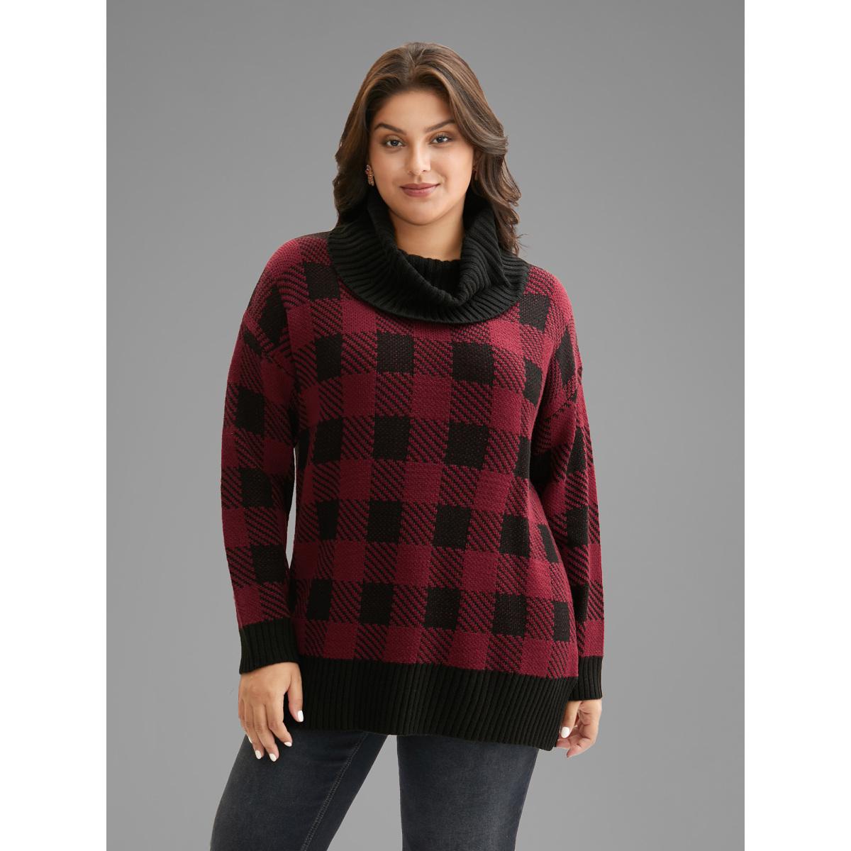 Plus Size Turtleneck Plaid Pattern Straight Fit Pullover Scarlet Women Casual Loose Long Sleeve Turtleneck Everyday Pullovers BloomChic 12/L Product Image