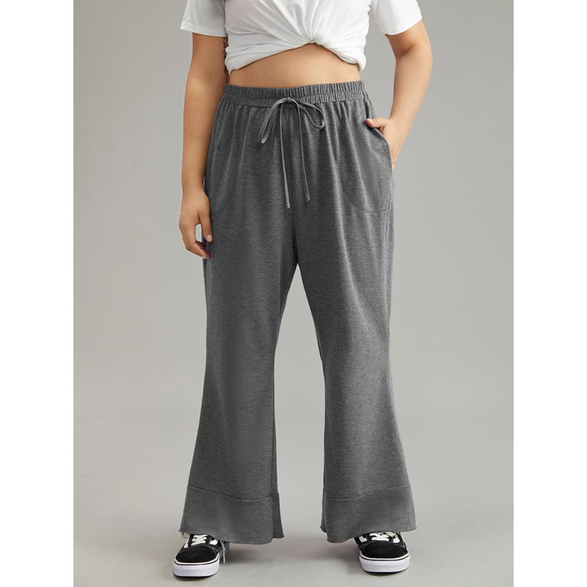 Plus Size Solid Pocket Knotted Flare Leg Pants Women Gray Casual Flare Leg High Rise Dailywear Pants BloomChic 10/M Product Image