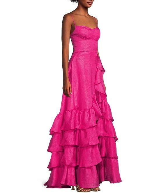 B. Darlin Crepe Organza Sweetheart Neck Spaghetti Strap Cascading Tiered Ruffle Hem Side Slit Lace Up Back Dress Product Image