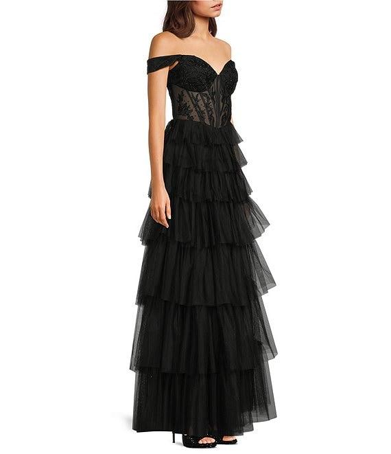 Blondie Nites Mesh Off-The-Shoulder Corset Tie Back Ruffle A-Line Gown Product Image