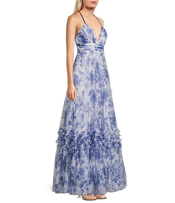 Pear Culture Floral Printed Mesh Plunging V-Neck Spaghetti Strap Dress Product Image