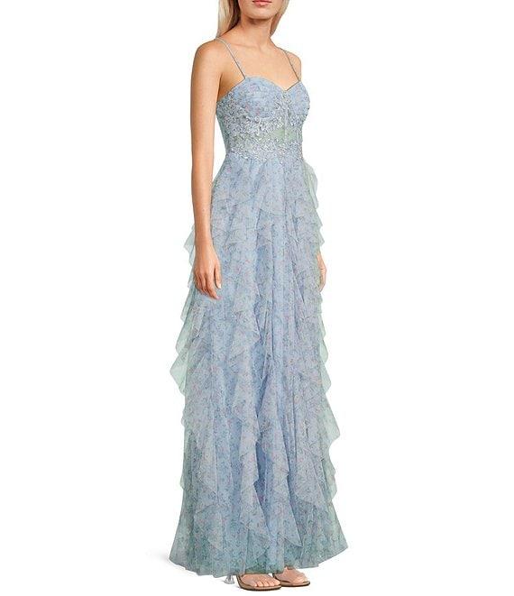 City Vibe Floral Tulle Spaghetti Strap Sweetheart Neck Ruffled Dress Product Image