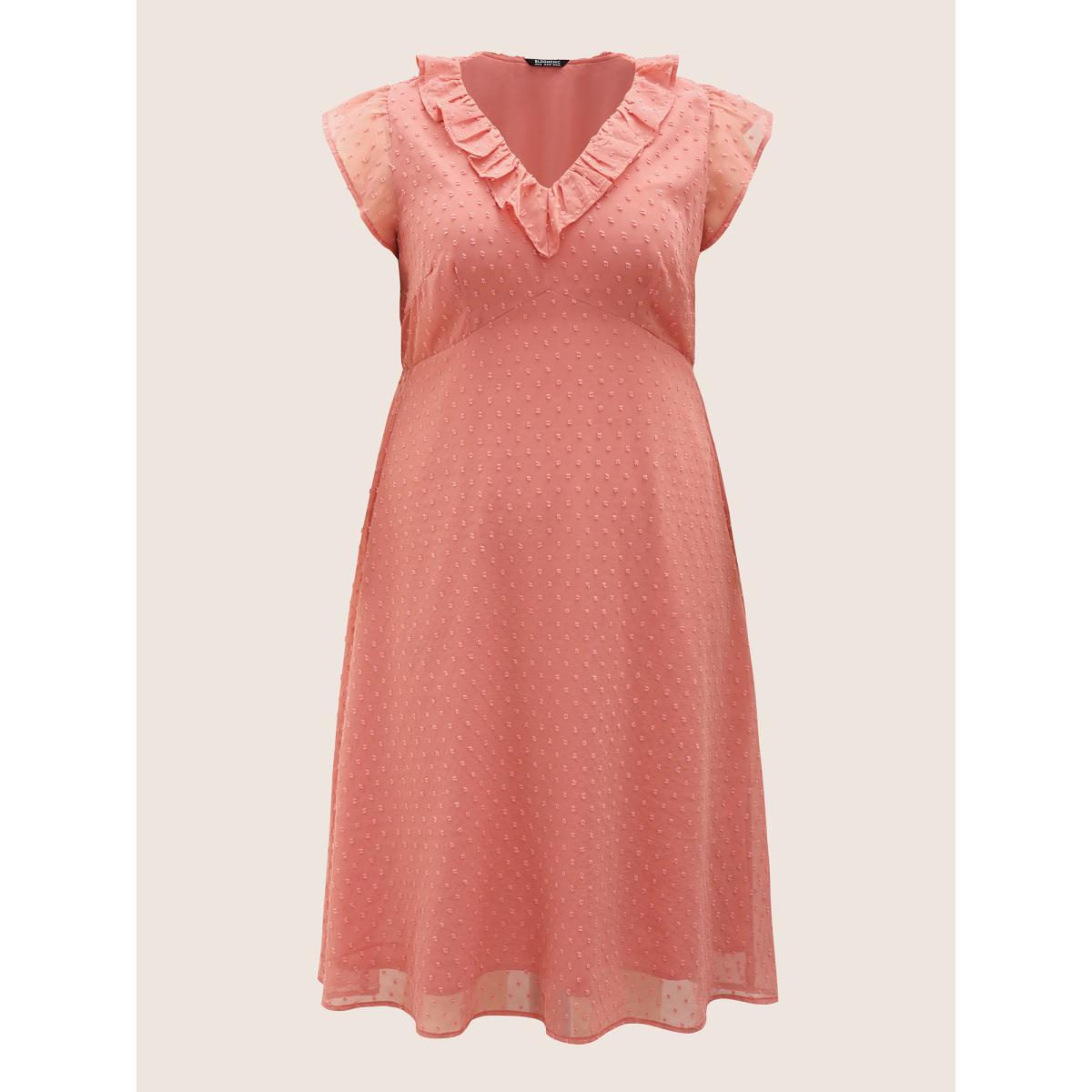 Plus Size Chiffon Plisse Ruffle Cap Sleeve Dress Watermelon Women Elegant Texture V-neck Cap Sleeve Curvy Midi Dress BloomChic 28/5X Product Image