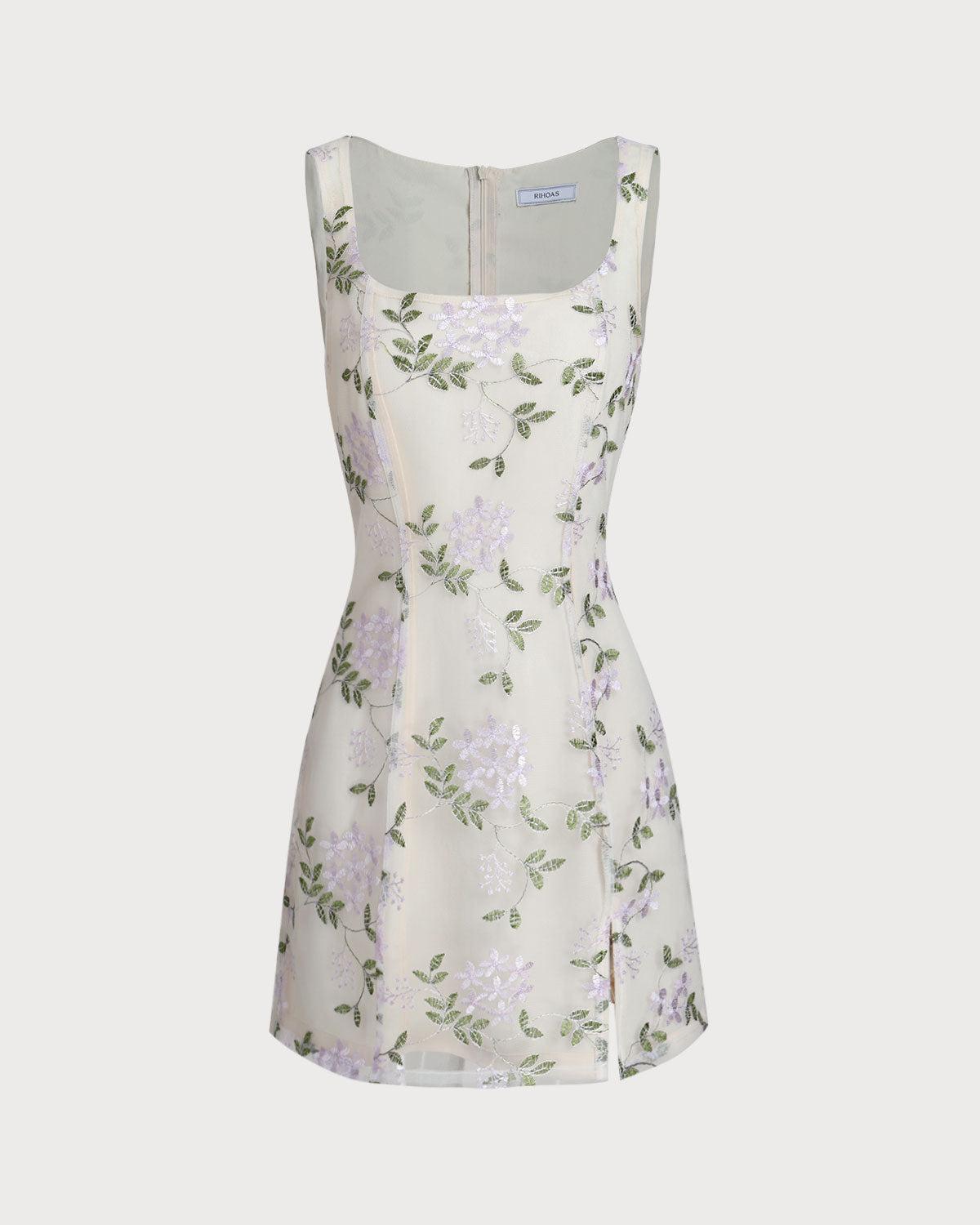 Beige Square Neck Embroidery Slit Slip Mini Dress Product Image