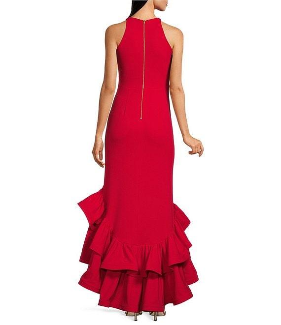 Betsy & Adam Round Neck Sleeveless Ruffle High-Low Stretch Crepe Gown Product Image