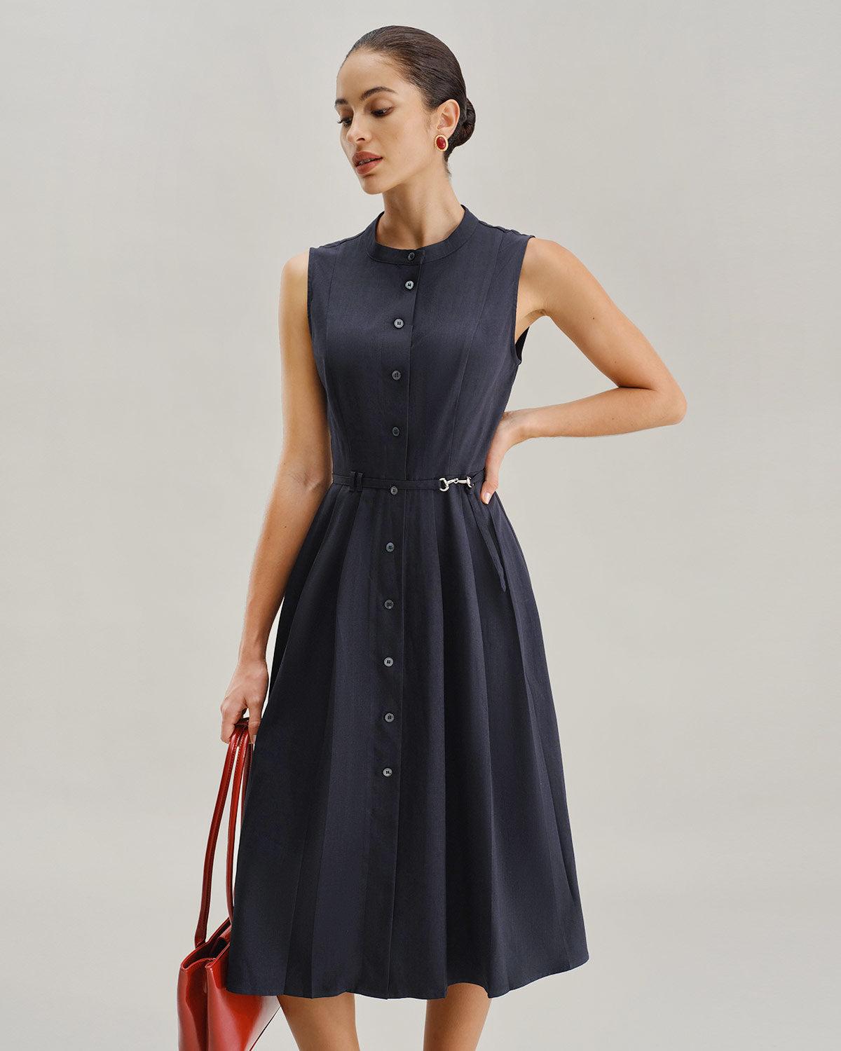 Navy Mock Neck High Waist Midi Dress Product Image