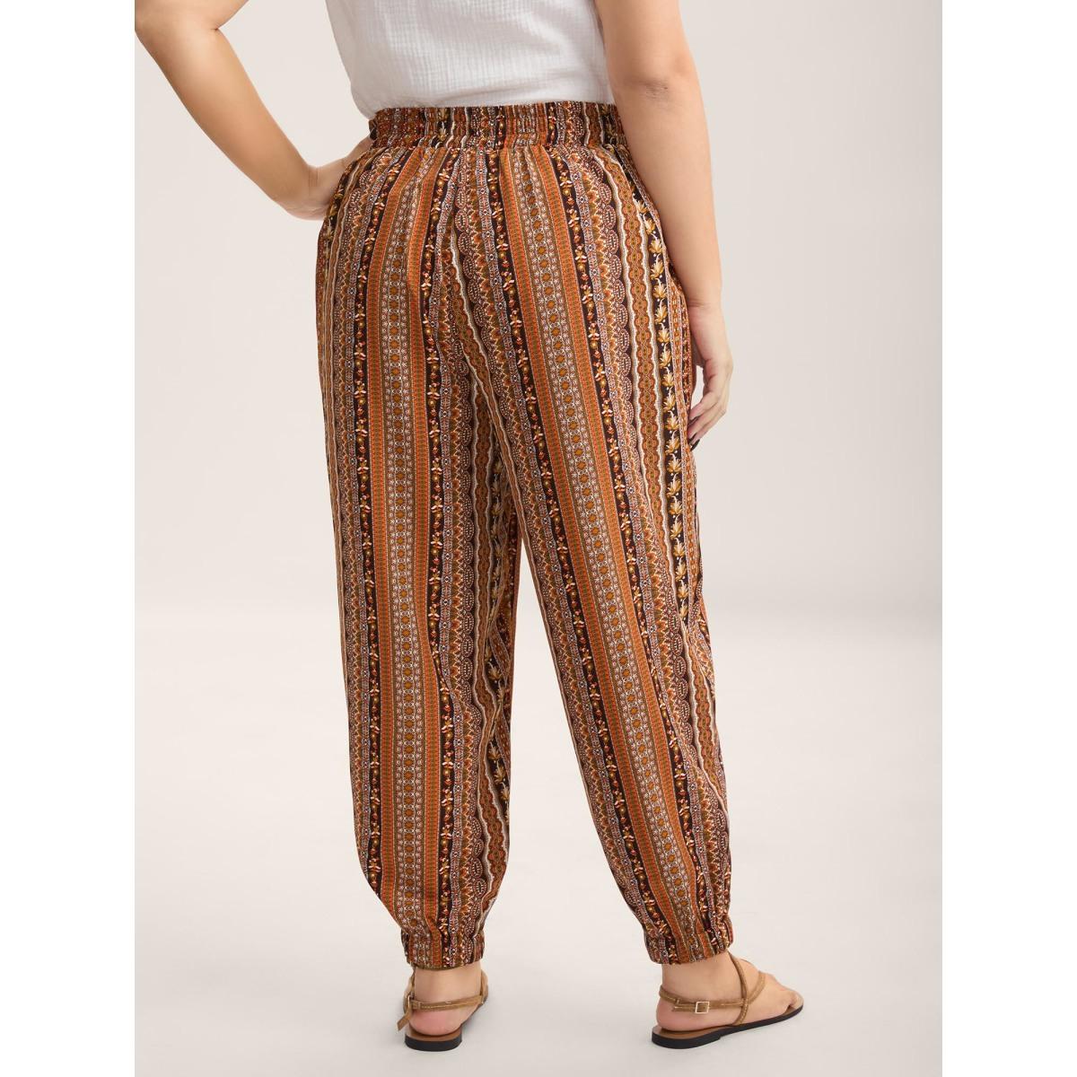 Plus Size Boho Striped Split Jogger Pants Women Yellowishbrown Casual Bodycon Mid Rise Everyday-Casual Pants BloomChic 22-24/3X Product Image
