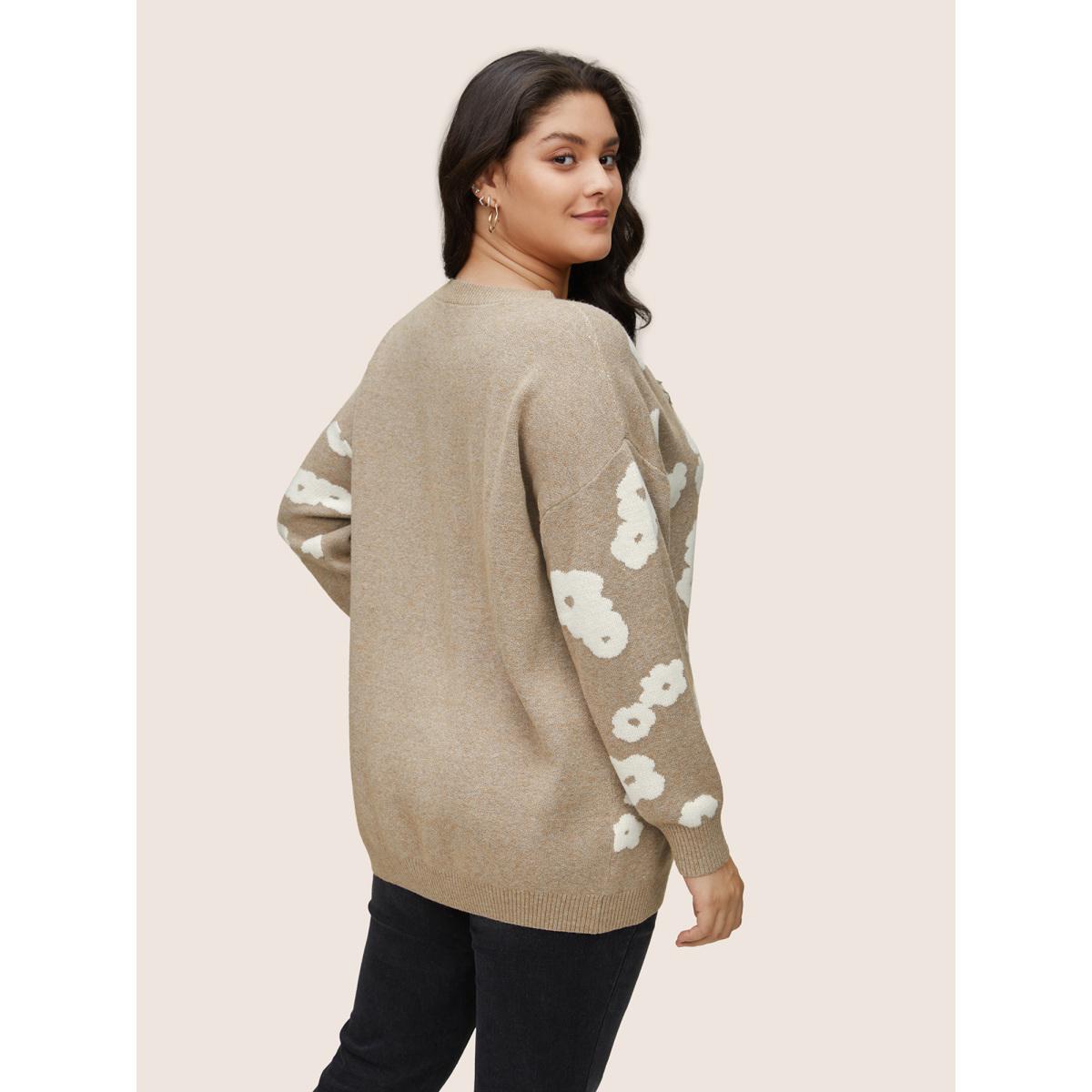 Plus Size Supersoft Essentials Floral Jacquard Pullover LightBrown Women Casual Loose Long Sleeve Round Neck Dailywear Pullovers BloomChic 22-24/3X Product Image