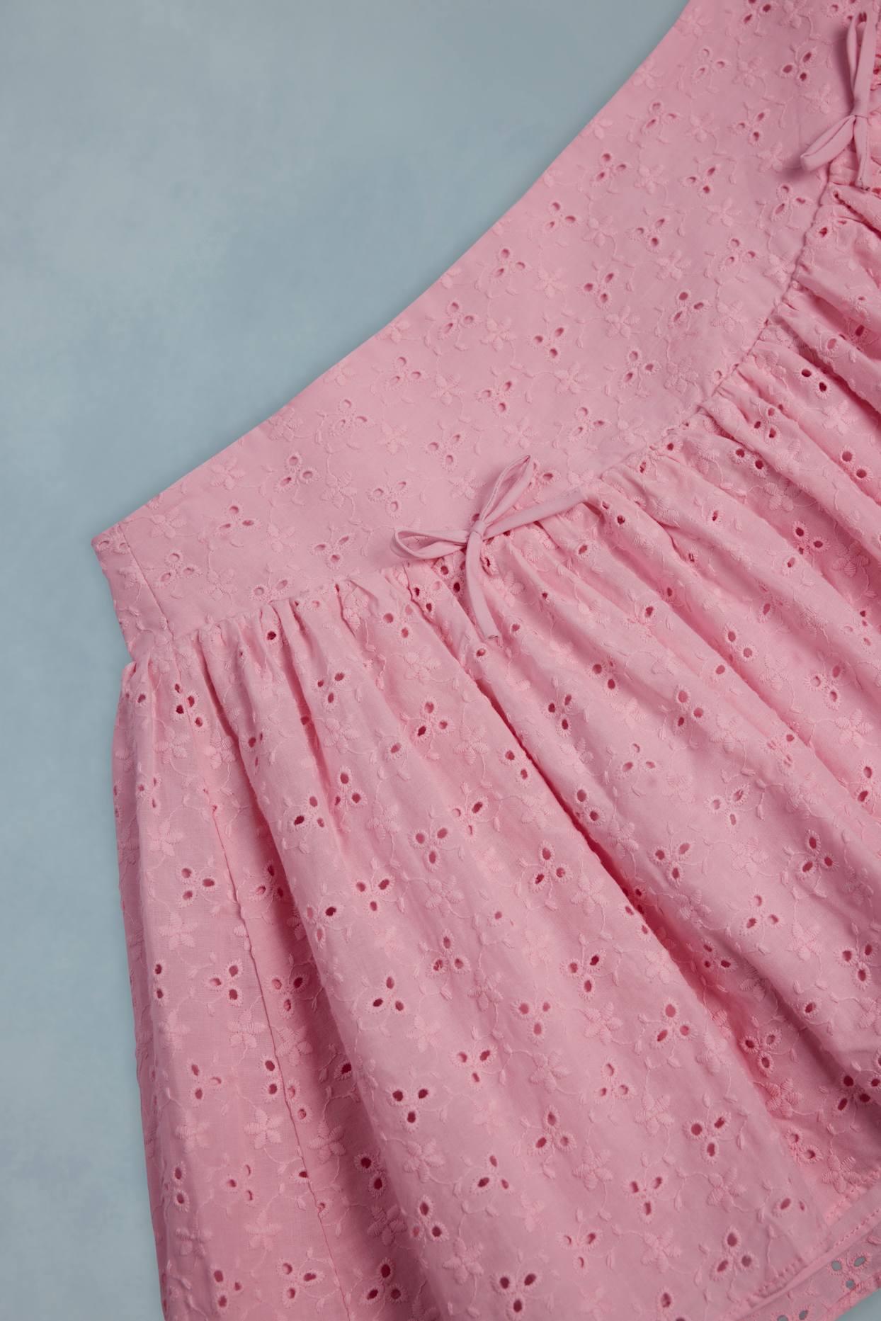 Bow-Detail Broderie Anglaise Mini Skirt in Soft Pink Product Image