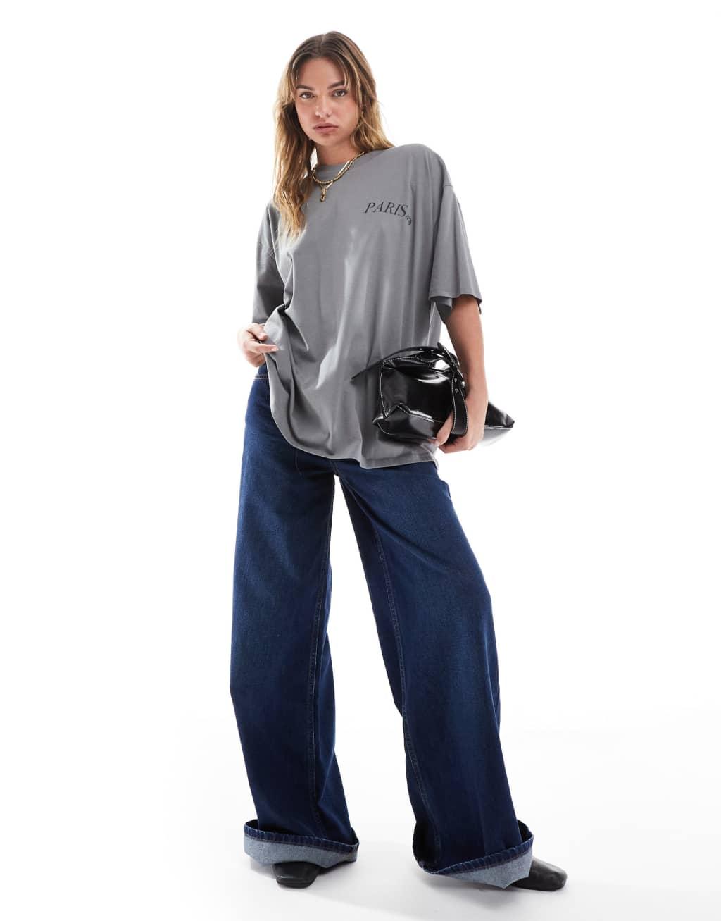 ASOS DESIGN boyfriend fit t-shirt with paris back graphic in charcoal Product Image