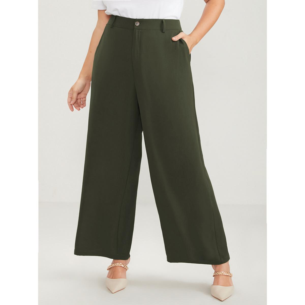 Plus Size Solid Pocket Wide Leg Pants Women ArmyGreen Office Mid Rise Office Pants BloomChic 10/M Product Image