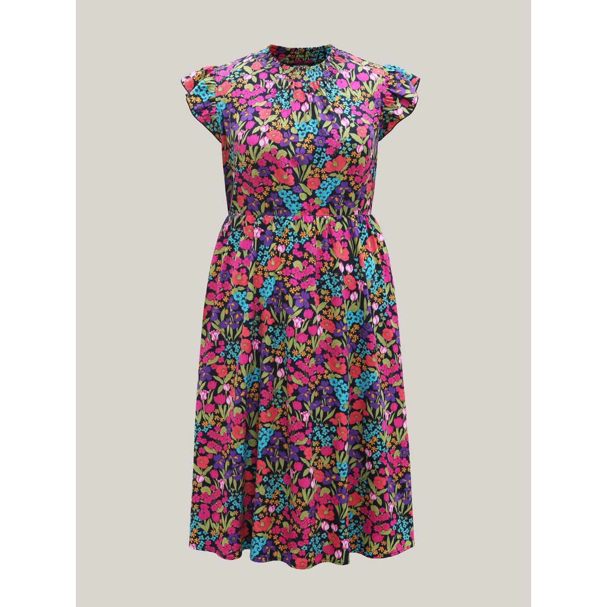 Plus Size Floral Print Shirred Pockets Midi Dress Indigo Women Romantic Frill Trim Mock Neck Cap Sleeve Curvy BloomChic 28/5X Product Image