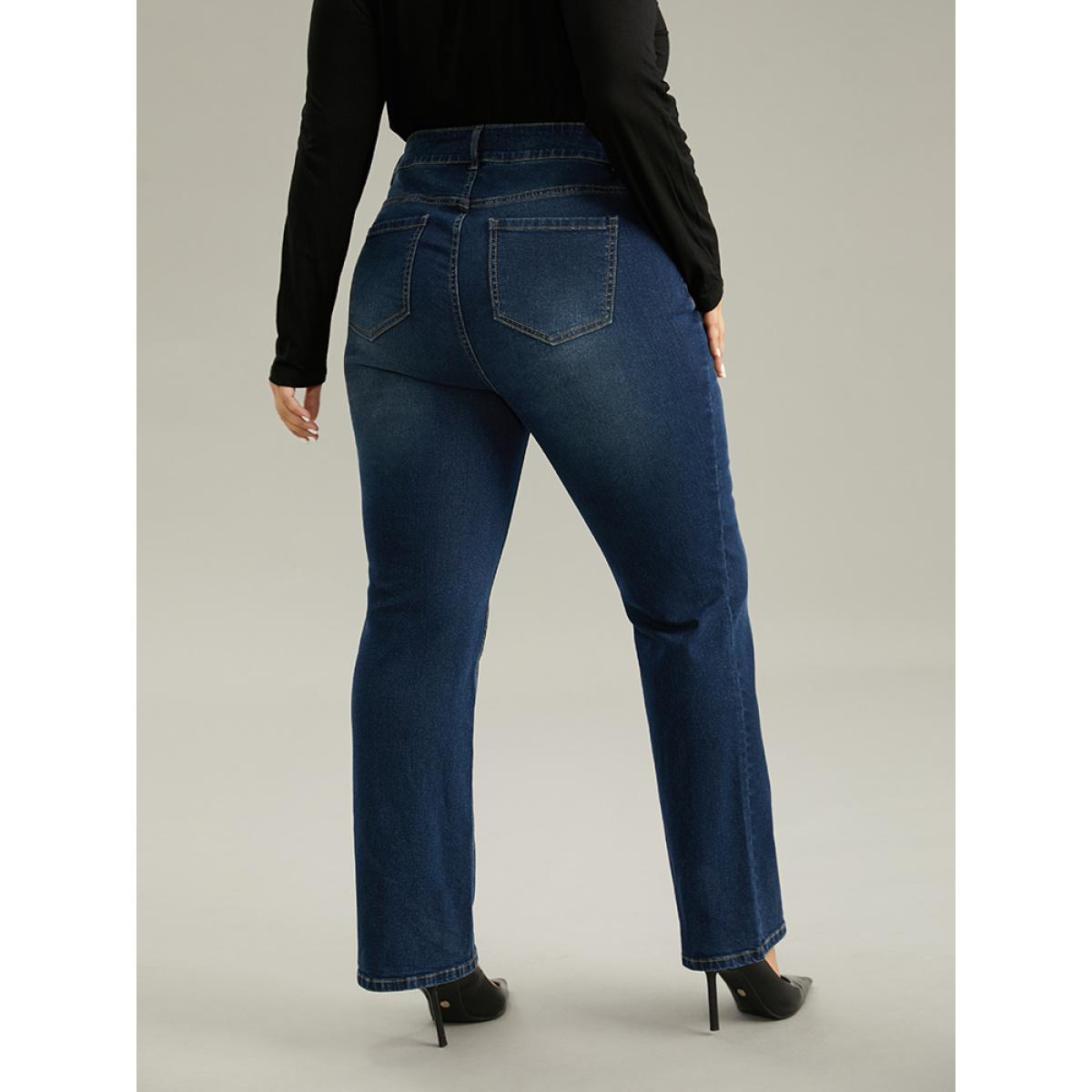 Plus Size Dark Wash Button Up Straight Leg Jeans Women DarkBlue Casual Plain Plain High stretch Pocket Jeans BloomChic 16/1X Product Image