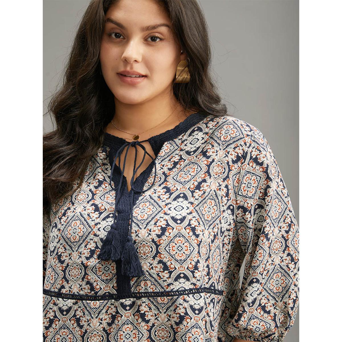 Plus Size Indigo Moroccan Print Tassels Ties Elastic Cuffs Blouse Women Resort Elbow-length sleeve Tie Neck Vacation Blouses BloomChic 14-16/1X Product Image