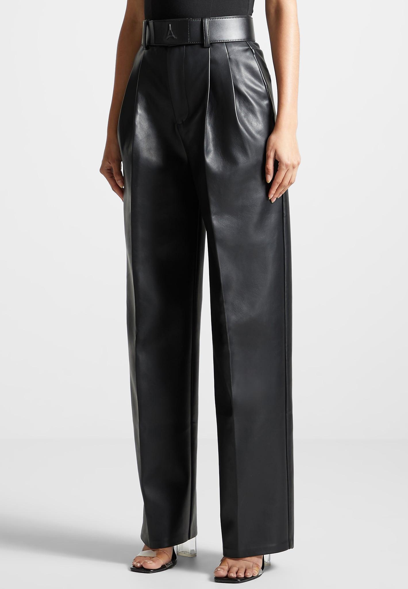 Leather Pleated Trousers with Eiffel Belt - Black Female Product Image