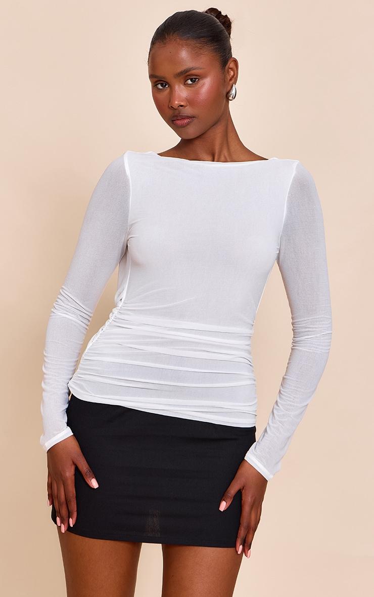 Cream Stretch Chiffon Cowl Back Long Sleeve Top Product Image