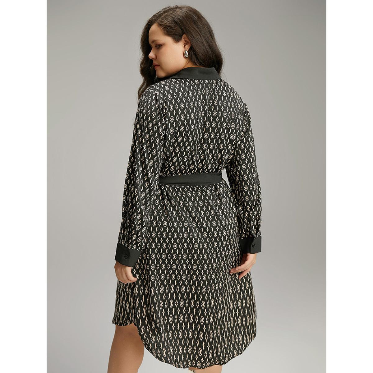 Plus Size Geometric Patched Pocket Arc Hem Dress Black Women Office Belted Shirt collar Long Sleeve Curvy Midi Dress BloomChic 10/M Product Image