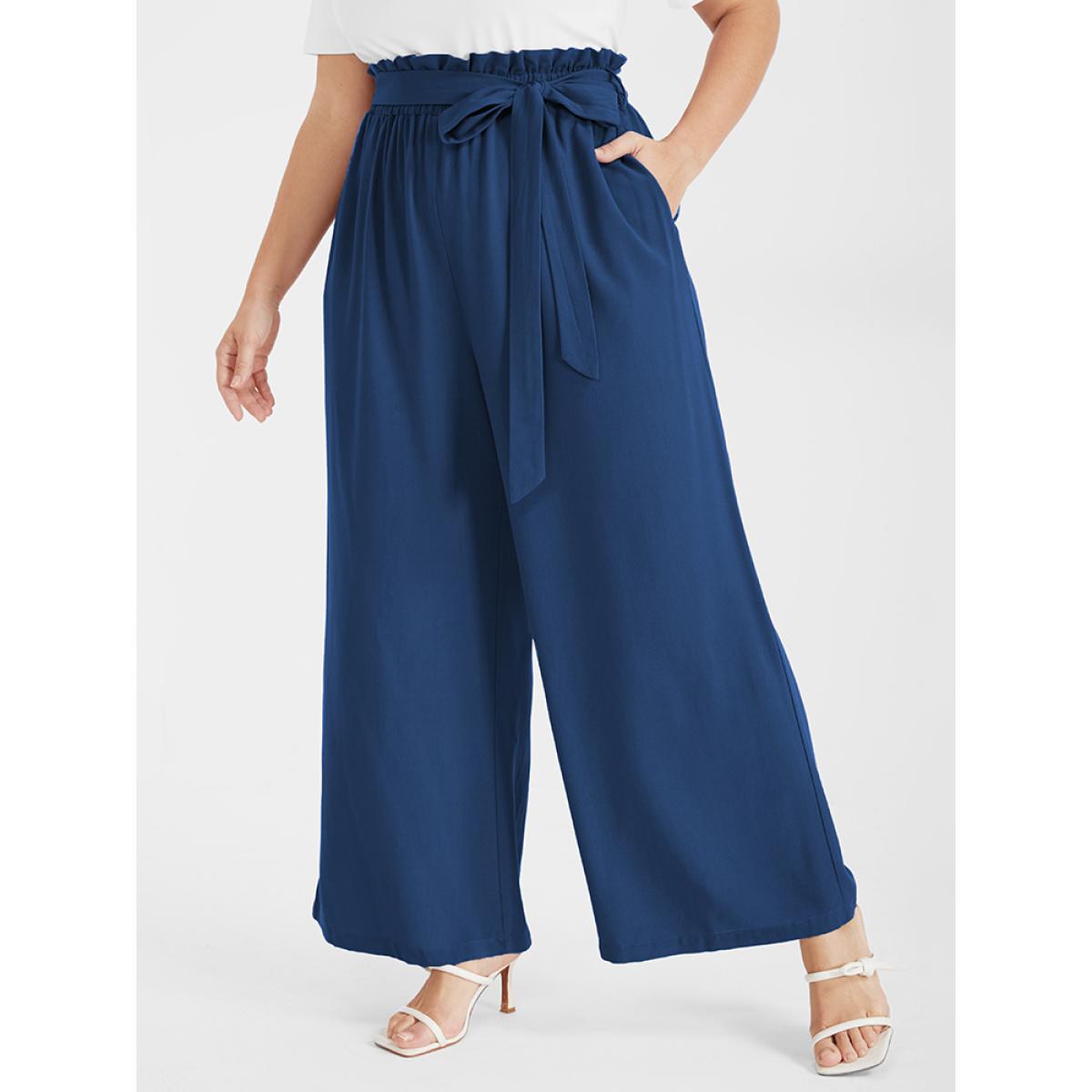 Plus Size Solid Pocket Belted Straight Pants Women DarkBlue Elegant Loose High Rise Dailywear Pants BloomChic 30/6X Product Image