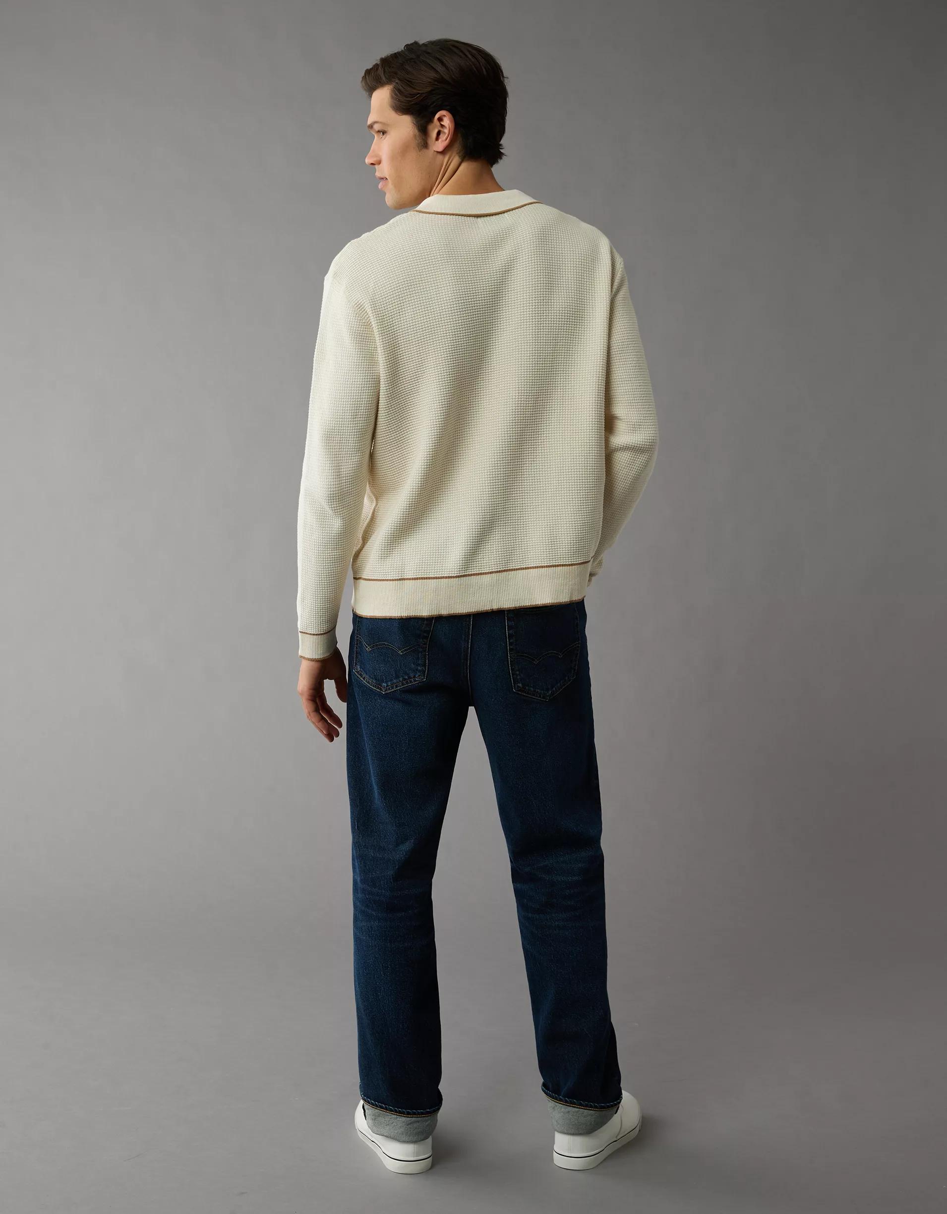 AE Long-Sleeve Tipped Waffle Sweater Polo Shirt Product Image