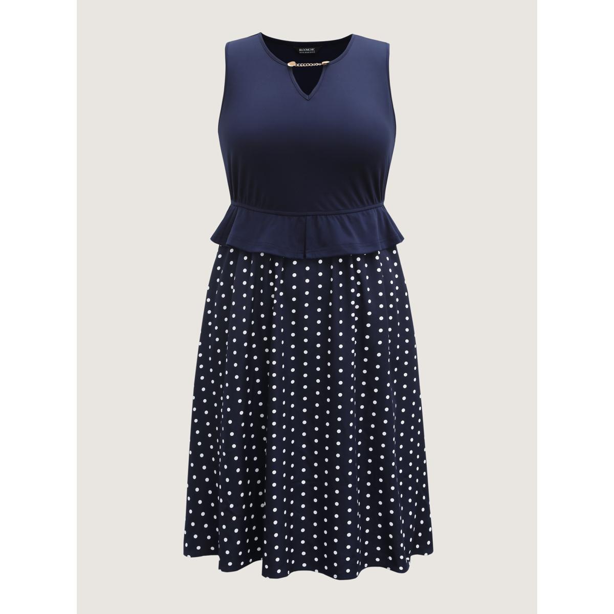 Plus Size Polka Dots Stretchy Waist Contrast Midi Dress Indigo Women Asymmetrical Neck Sleeveless Curvy BloomChic 14-16/1X Product Image