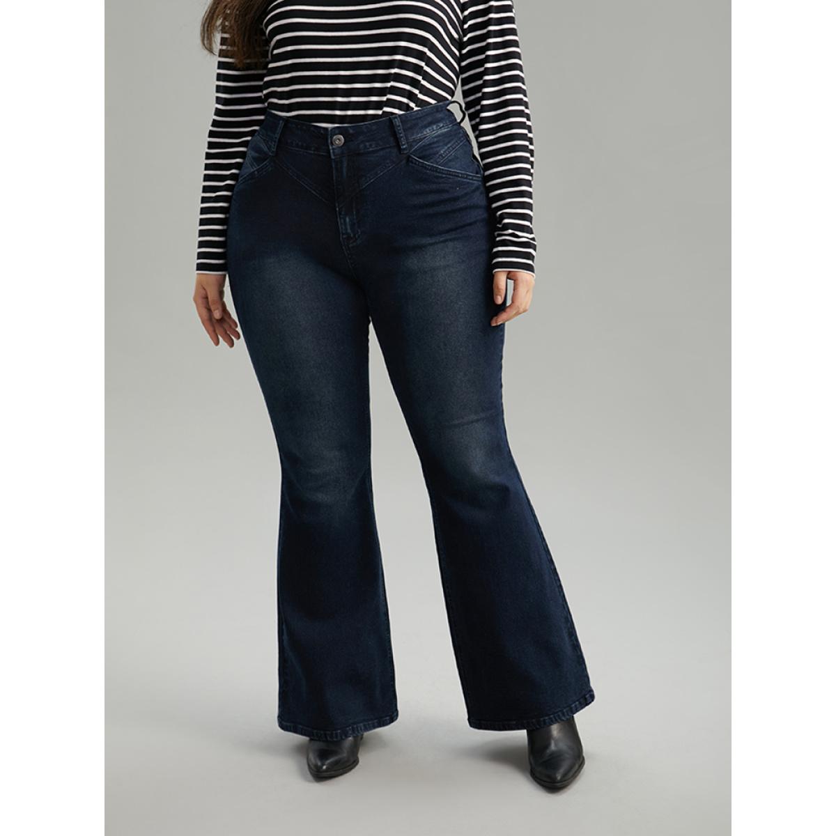 Plus Size Flare Leg Very Stretchy Pleated Patchwork Jeans Women Midnight Casual Plain Plain High stretch Pocket Jeans BloomChic 24/3X Product Image