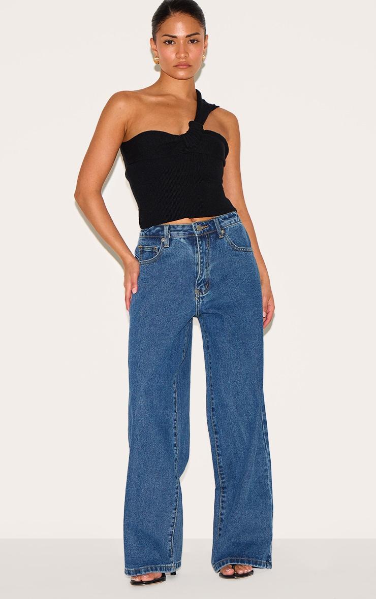 Petite Black Knitted One Shoulder Bow Top Product Image