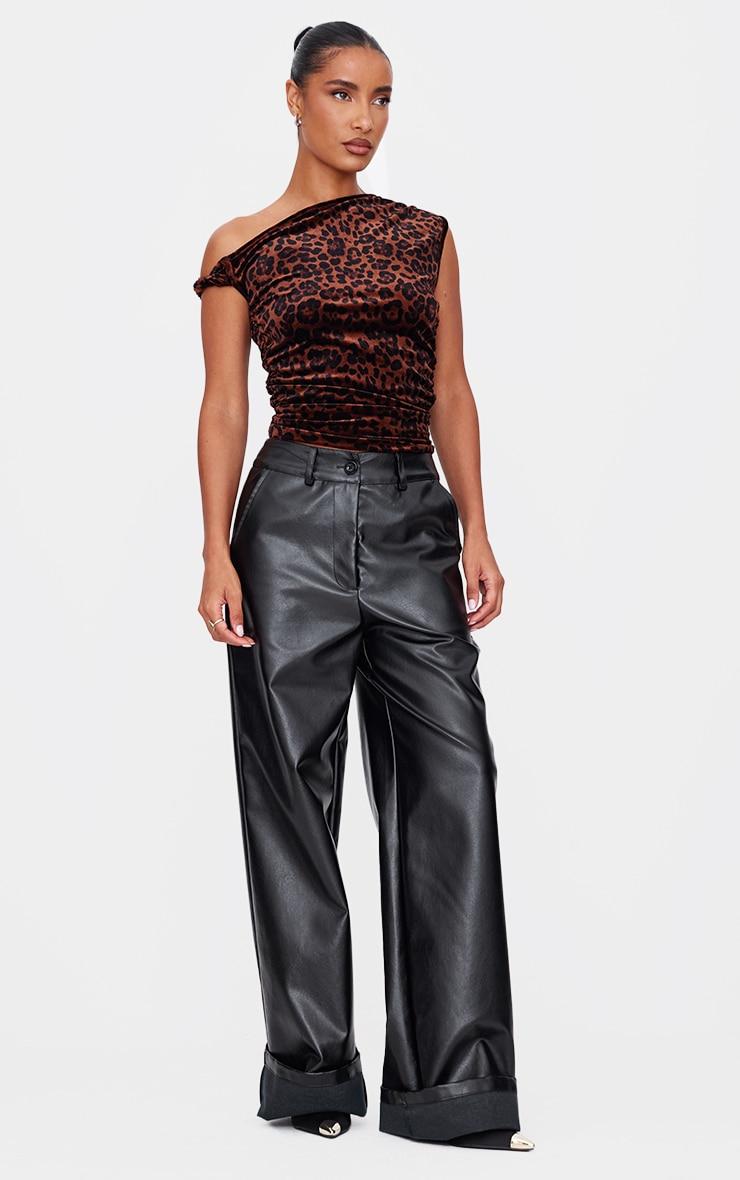 Brown Velvet Leopard Printed Asymmetric Shoulder Detail Long Top Product Image